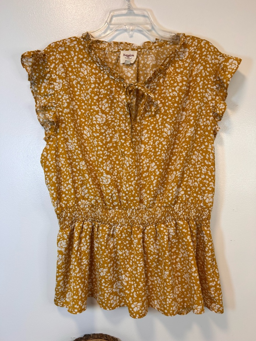 Hayden‎ Girls Mustard Yellow Floral Ruffled Smocked Waist Blouse Women’s 2XL